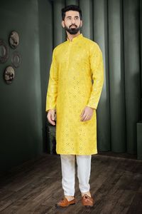 Dernières Kurta longue en tissu de coton lourd avec pyjama pour hommes - Product Image 2
