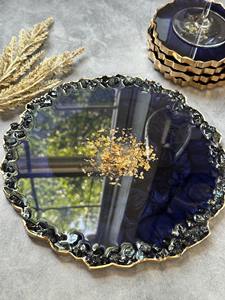 Plateau rond en résine marine avec bords en cristal écrasé et centre doré Plateau élégant à bords ondulés pour décoration de table d'Inde - Product Image 6