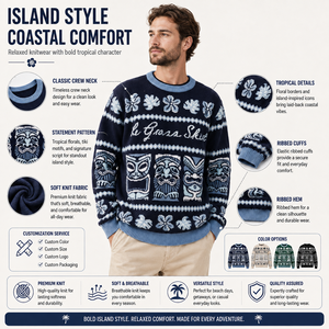 Pull de Noël Homme Bleu Tricoté Jacquard Motif Masque Tiki Hibiscus – Tricot Festif Tropical Personnalisable OEM - Product Image 3