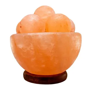 喜马拉雅盐灯最佳火碗盐灯带按摩球木质抛光底座盐灯夜灯粉色喜马拉雅