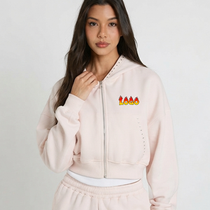 Proveedor OEM ODM, Sudadera con Capucha Corta para Mujer, Color Rosa Claro, Manga Larga, con Cierre, Logotipo Impreso en la Parte Delantera, Chaqueta Informal - Product Image 4