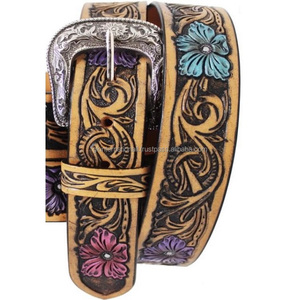 Cinturón de cuero de grano completo mecanizado a mano occidental de alta resistencia personalizado cinturón de vaquero en relieve de hoja colorida hebilla floral de níquel - Product Image 3