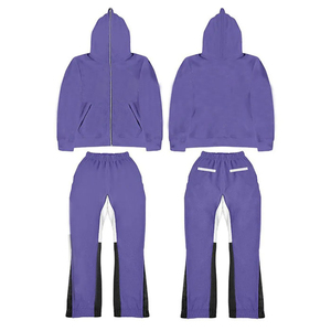 Oem Custom Logo Wholesale Men <b>Plain</b> Oversized Blank Full Face Zip up Hoodie and Flare Pants 400gsm 100% Cotton <b>Tracksuit</b> Set - Product Image 5