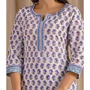 White Grey Butta <b>Block</b> <b>Printed</b> Cotton Kurta Pant Set Long Ethnic Traditional for Ladies Girls for Parties Special Occasions Net - Product Image 2