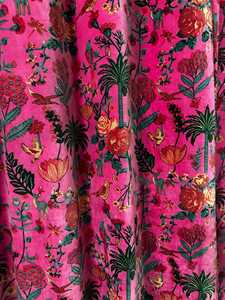 Cortina de Terciopelo Rosa Intenso con Diseño de Aves y Flores, Cortinas Botánicas Vintage, Estilo de Terciopelo de Algodón de Lujo - Product Image 3