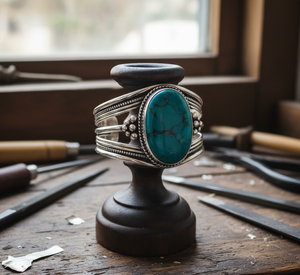 Cabujón turquesa Natural hecho a mano, brazalete de Plata de Ley 925 de plata tibetana, oro de 14K, bohemio, tamaño ajustable para hombre - Product Image 1