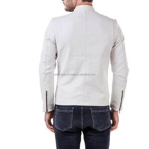 Veste en cuir blanche coupe ajustée de qualité supérieure pour homme avec poches et poignets à fermeture éclair et col ceinture pour l'hiver - Product Image 2
