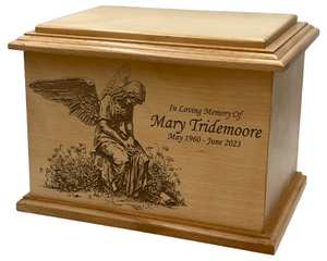 Urna de cremación de Ángel de duelo con personalización, urna de cremación grabada de madera de tamaño adulto para cenizas humanas - Product Image 2