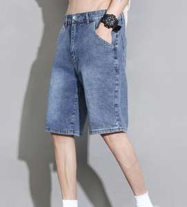 High Quality Embroidery Patchwork <b>Jorts</b> <b>Baggy</b> Distressed Washed Denim Rhinestone Jeans Shorts Men - Product Image 5