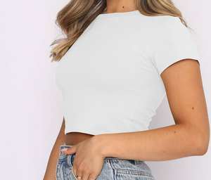 Tops courts décontractés pour femmes, tendance, basiques, ajustés, avec nombril apparent, col rond, manches courtes, t-shirt court de travail pour adultes - Product Image 6