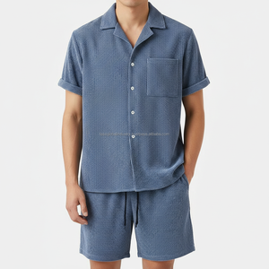 ชุดเซ็ตผู้ชายแบบสั่งทำพิเศษ - เสื้อแขนสั้นผ้าคอร์ดูรอยสีน้ำเงินและกางเกงขาสั้น ชุดลำลอง 2 ชิ้น - Product Image 3