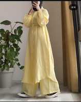 Ensemble Abaya Deux Pièces Modeste Simple et Uni en Lin, Blouse et Pantalon, Vêtements Islamiques pour Femmes Musulmanes, Vente en Gros Inde Malaisie Dubaï, Prix Bas