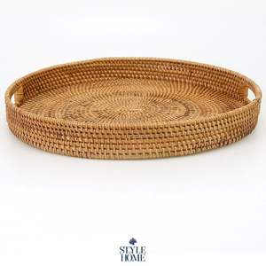 Bandeja de servicio de yute de ratán decorativa hecha a mano con acabado de incrustaciones de hueso Juego de 3 bandejas de servidor de alimentos de forma redondeada - Product Image 6