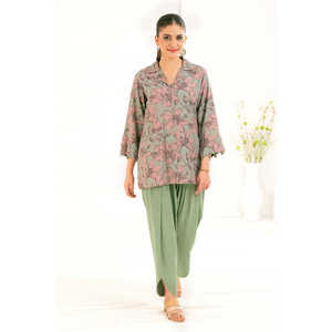 Ensemble 2 pièces en coton et lin imprimé Khaddar, col mandarin, imprimé personnalisé, grande taille, longueur genou, ODM personnalisé SCT-52006 pour le jour XS - Product Image 5