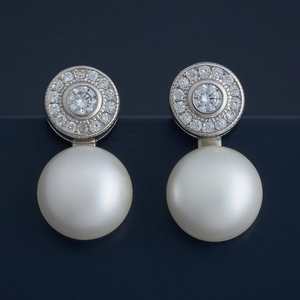 Vintage 92.5 <b>Silver</b> <b>Stud</b> <b>Earrings</b> 183315 Ball Shape Bezel Setting Diamond Rhodium Plated for Wedding Party Religious Cute Style - Product Image 1