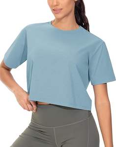Top corto de verano para mujer, camiseta de Yoga de manga corta con cuello redondo y cuello redondo para correr, patrón sólido azul tinta con logotipo frontal - Product Image 5