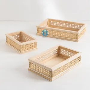 Antique Unique Rattan Storage Baskets Best Selling Rattan Wood Cane Rectangle Serving Trays Hotel Restaurant Coffee