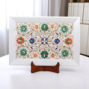 Plateau décoratif en marbre blanc poli de 10 \ "avec incrustation multicolore - Product Image 1