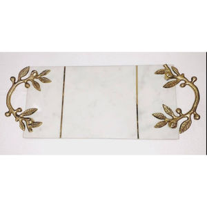 Plateau de service ovale de luxe en marbre naturel blanc avec élégantes poignées en métal feuille d'or pour la décoration de mariage, la maison et la cuisine. - Product Image 5