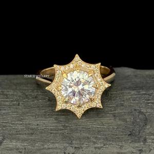 14K ทองแข็ง VVS Moissanite เพชรเดี่ยวรัศมีแหวนหมั้นแหวนหมั้นเพชรโมอิสฮาโลเจียระไนทรงกลม - Product Image 3