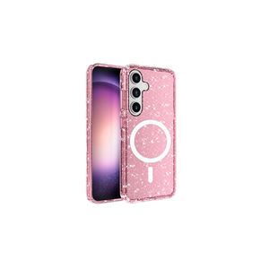 Coque de luxe compatible MagSafe à paillettes pour Samsung Galaxy S25 Plus, étui transparent rose en cuir avec dos en silicone, emballé - Product Image 1