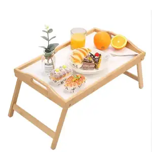 Solid Woor Serving Tray Natural Color Foldable Wooden Picnic Camping Breakfast in Bed Table Serving Tray Home Kitchen Dining