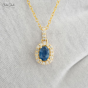 Vente chaude 14k Or Massif Diamant Halo Pendentif Minimaliste 7x5mm Ovale Coupe Bleu Saphir Pendentif Suspendu De L'Inde Exportateur - Product Image 5
