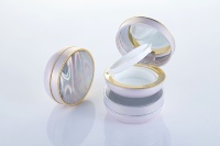 Boîte compacte de poudre coussin d'air ronde couleur nude avec miroir, bord rose argenté, en plastique ABS, pour emballage cosmétique