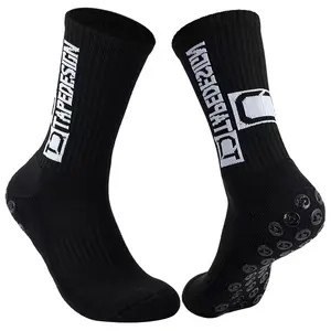 Black cotton compression thick cushioned terry grip soccer men anti slip football grip socks