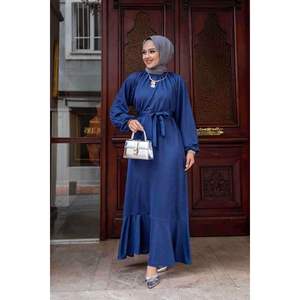 Robe quotidienne modeste Indigo avec jupe à volants col montant taille naturelle viscose matériel broderie motif imprimé décoration - Product Image 4