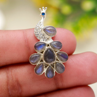 Pendentif Paon Fait Main en Labradorite Bleue Naturelle Multi-Colorée, Collier Pendentif en Argent Sterling 925, Bijou Gravé
