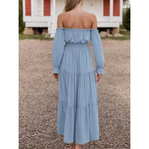 เดรสยาวเปิดไหล่สำหรับผู้หญิง, เดรสแม็กซี่เดรสเกาะอกแขนยาว100% ผ้าเรยอนชายหาดยาวคลุมพื้น - Product Image 2