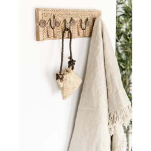 Medium Indian Carved 4-<b>Hook</b> <b>Wall</b> Panel for <b>Wall</b> Display or Coat Rack Purpose - Product Image 1