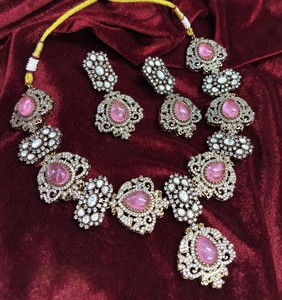 Ensemble de collier à polki de créateur de luxe victorien avec boucles d'oreilles assorties bijoux de mariée en laiton polonais pour mariages et fêtes - Product Image 1