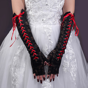 Gants sexy en dentelle mi-doigts pour femmes HZS-25055, longs jusqu'au coude, pour soirée, costume sexy, club, mitaines à ruban - Product Image 1