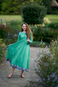 Robe longue en coton pur, tissée à la main, style bohème, vert décontracté, occasionnel, mode éthique, à panneaux - Product Image 4