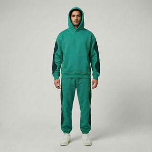 Ensemble de survêtement décontracté d'hiver en deux pièces, sweat-shirt à capuche en coton respirant vert unisexe, pantalon de jogging, motif uni - Product Image 4