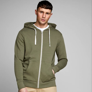 Sweat-shirt à capuche zippé vert olive pour homme, coupe classique, en molleton de coton, décontracté, pour l'automne - Product Image 1