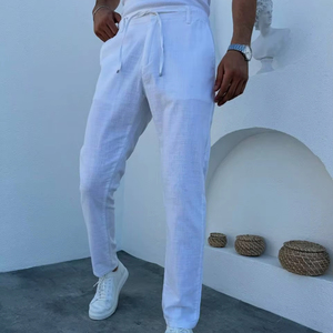 Pantalon extensible coupe ajustée bleu marine pour homme Pantalon de bureau décontracté taille élastique cordon droit en coton hanche grande taille plat - Product Image 1