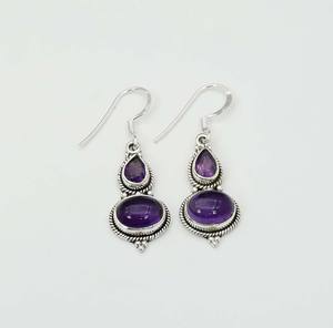 Boucles d'oreilles à crochet en argent sterling 925 avec deux pierres d'améthyste violette, pierre de naissance de février, pour femmes - Product Image 2