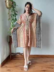 Handblock Bagru Impreso Algodón Kaftan Algodón Playa Wearup Ropa de playa Sarong Tipo Kaftan Bloque Imprimir Ropa informal Rodilla - Product Image 2