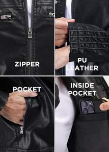 Chaqueta de Cuero Sintético para Hombre con Capucha, Chaqueta de Cuero PU con Cuello Alto y Capucha para Hombre, en Color Negro - Product Image 4