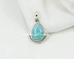 925 plata esterlina sólida mes de marzo piedra natal Larimar con ajuste de bisel colgante en forma de pera colgante - Product Image 5