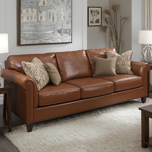 Sofá Tradicional de Cuero Genuino de Tres Plazas con Elegantes Brazos Enrollados y Adornos de Tachuelas para Sala de Estar, Villas y Hoteles - Product Image 1