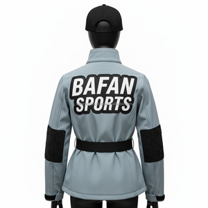 Veste Softshell pour femmes Tissu 320GSM Gris avec panneaux noirs Logo personnalisé Conception par transfert thermique Veste Softshell pour femmes - Product Image 2