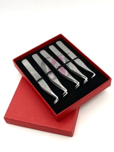 Ensemble de pinces à cils en acier inoxydable 5 pièces, pointe de précision lisse, poignée diamantée, emballage en boîte - Product Image 6