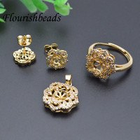 Ensemble de boucles d'oreilles en laiton plaqué or 18K CZ pavé creux fleur de Rose pendentif ensemble pour bijoux de bricolage