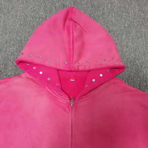 Sudadera con Capucha Personalizada de Estilo Vintage con Lavado Ácido, Talla Grande, Cierre de Cremallera, Remaches de Diamantes de Imitación, Impresión DTG y Pintura en Aerosol para Hombre - Product Image 4