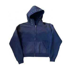 Fabricants de sweats à capuche zippés en strass de haute qualité personnalisés avec lavage à la pierre 100% coton recadrée boxy lavage à l'acide sweat à capuche hommes 2025 - Product Image 4