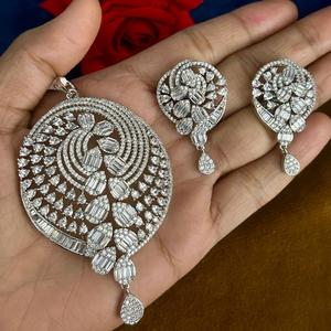 Designer Best Quality <b>Silver</b> Finish AD Look Pendent <b>Necklace</b> <b>Set</b> With <b>Earrings</b> For Wedding Party Wear Collection For Women - Product Image 1